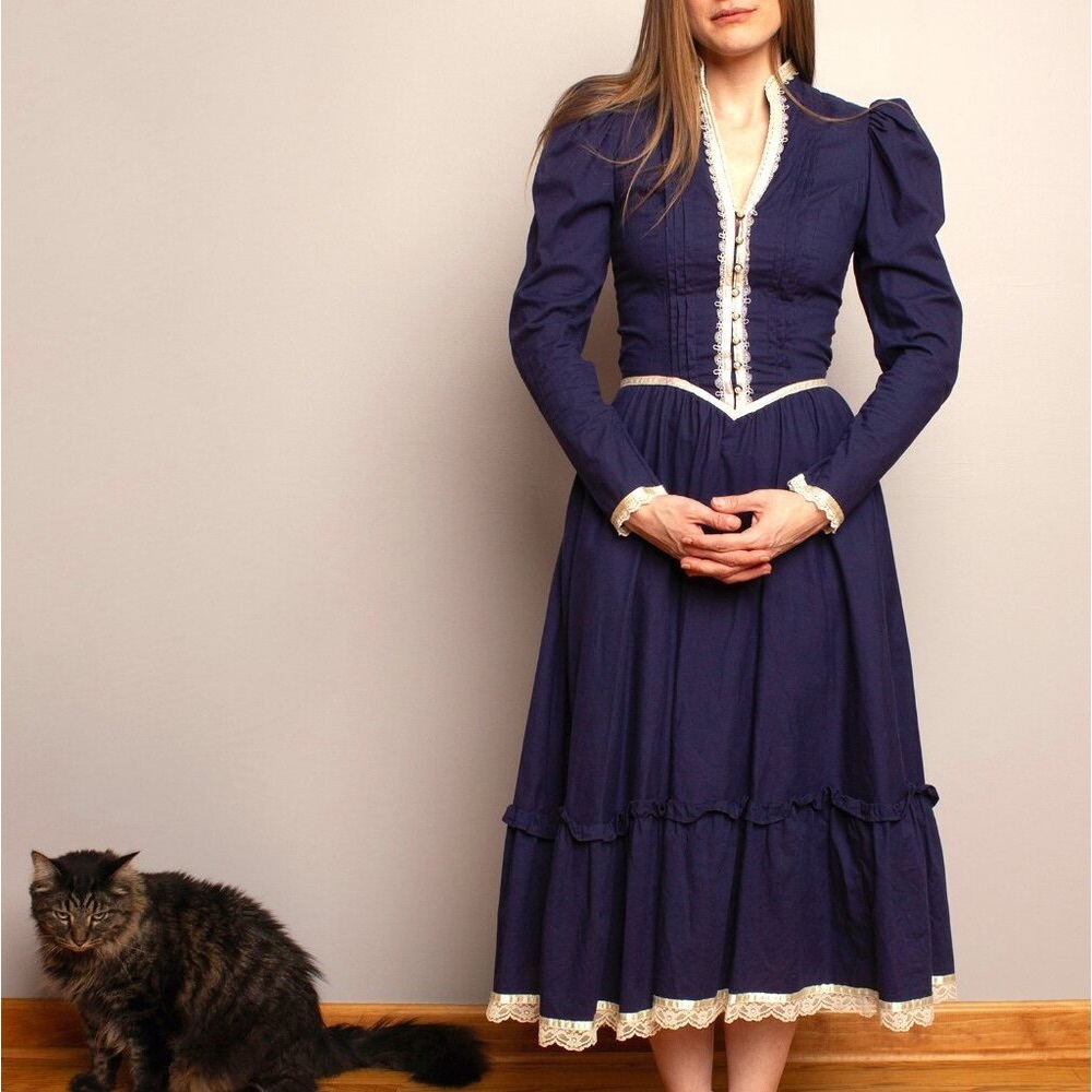 Gunne Sax Boho Prairie Western Long Sleeve Jessica Vtg 70s Ivory Lace Blue Dress - Picture 2 of 7